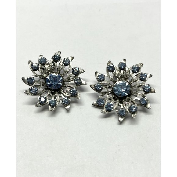 Vintage blue flower rhinestone earrings - Picture 2 of 4